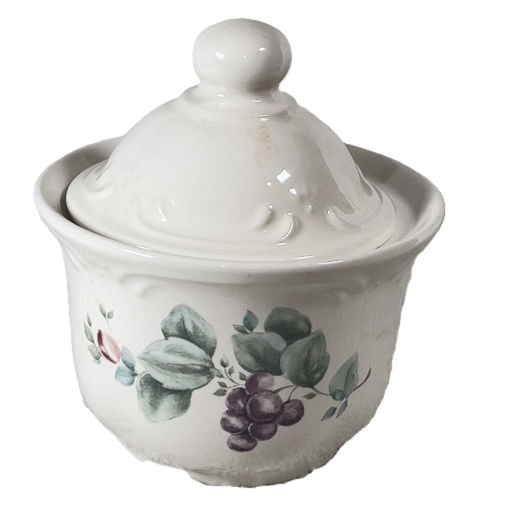 Pfaltzgraff Vintage Sugar Bowl w Lid Grapevine Made USA White w/ Pastel Design